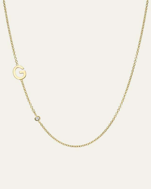 14k Gold Asymmetrical Initial and Bezel Diamond Necklace